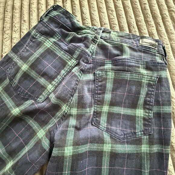 Crown&Ivy Plaid Cotton/Span 5 Pocket Pants Women 4 R High Rise Skinny Blue Green - Picture 9 of 9